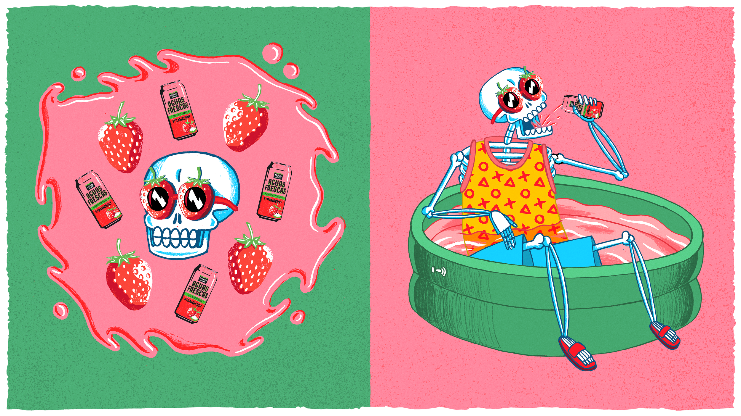 A split illustration with a green background on the left and a pink background on the right. On the left, a cartoon skull with strawberry-shaped eyes is surrounded by strawberry-flavored flavored drinks and strawberries. On the right, a skeleton with