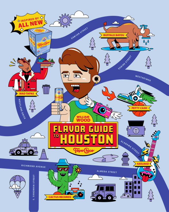 Colorful illustrated map of Houston featuring landmarks, local references, and characters, including a man holding a soda, a bear with a flag, a guitar with lightning, and other local-themed art and icons.