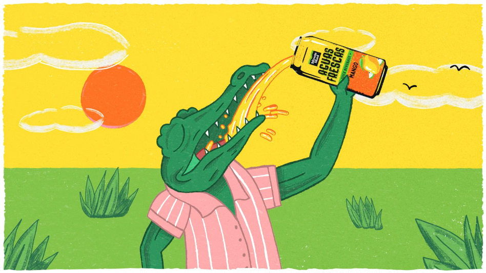 Illustration of an alligator wearing a pink striped shirt, pouring mango juice into its mouth, standing in a grassy field with a yellow sky, a red sun, clouds, and birds.