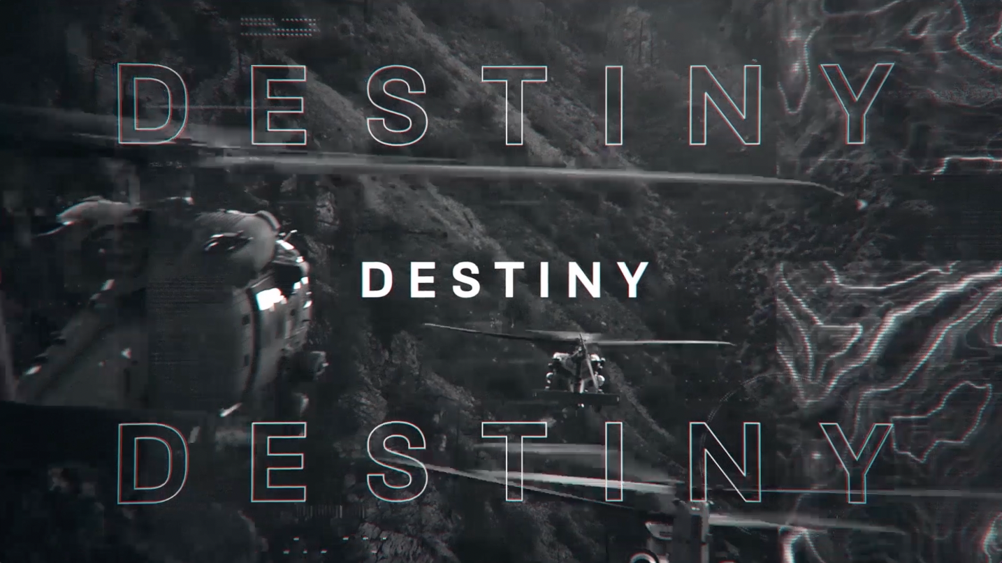 Futuristic image of helicopters flying over mountainous terrain with the word 'DESTINY' displayed prominently in the center, stylized with glitch effects.