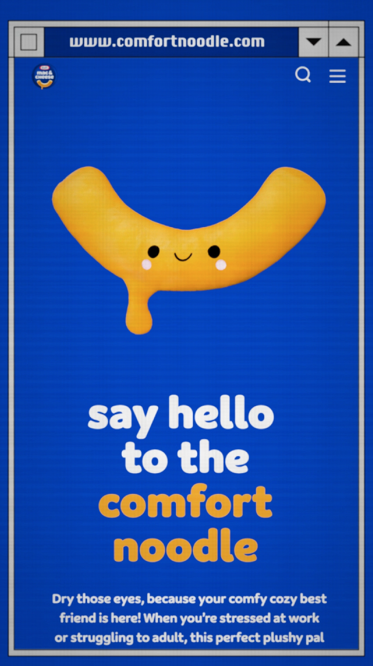 A cartoon illustration of a smiling, yellow, crescent-shaped noodle with black eyes, cheeks, and a tiny mouth, set against a blue background with text promoting comfort noodles.