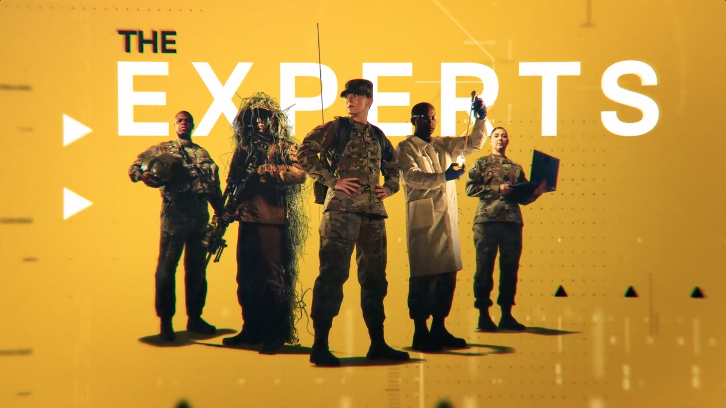 Group of five military personnel dressed in various uniforms, standing on a yellow background with the text "The Experts" displayed prominently above them.