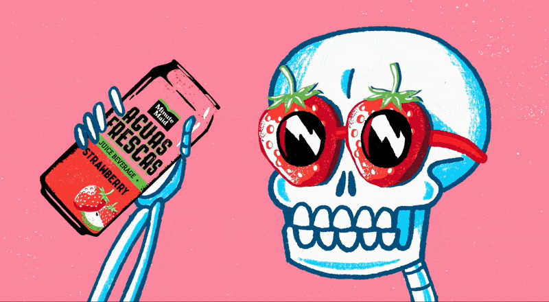 A cartoon skeleton wearing strawberry-shaped sunglasses holding a can of Aguas Frescas strawberry against a pink background.