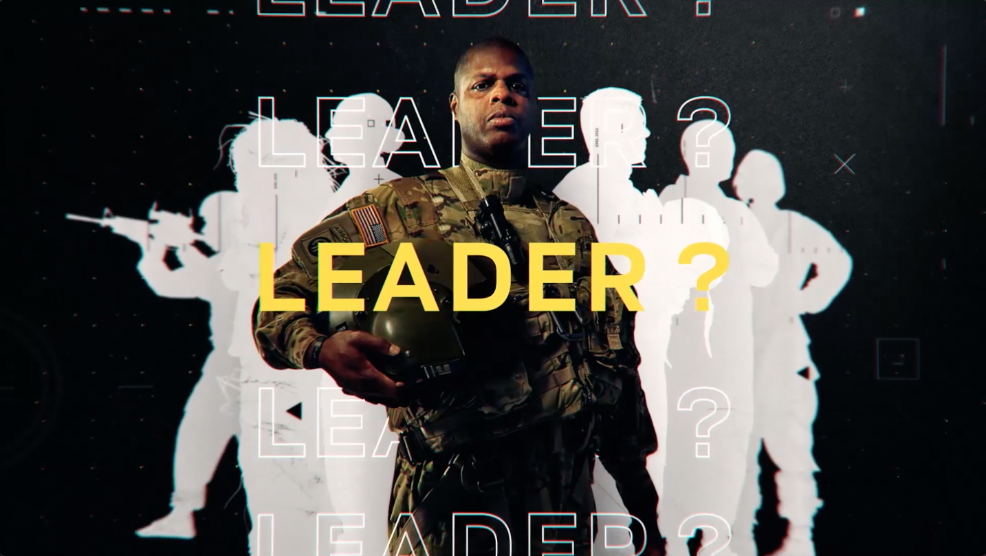 A man in military uniform holding a helmet against a background with silhouettes of soldiers and the words 'LEADER?' repeated multiple times. The word 'LEADER?' is also prominently overlaid in bold yellow text.