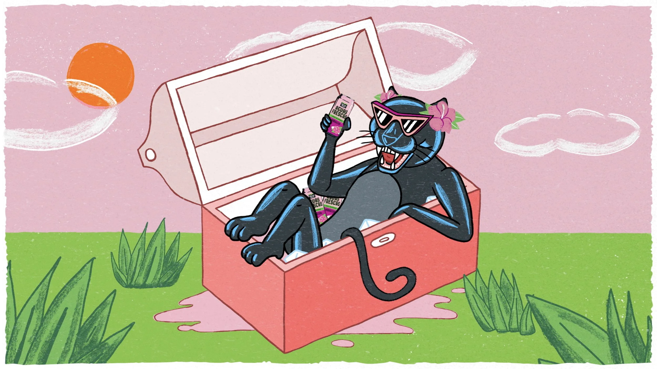 A cartoon black panther wearing pink sunglasses and pink flowers on its head, lounging in an open red picnic box, holding a pink drink, with a sunny sky and clouds in the background. There is green grass with plants around the picnic box.