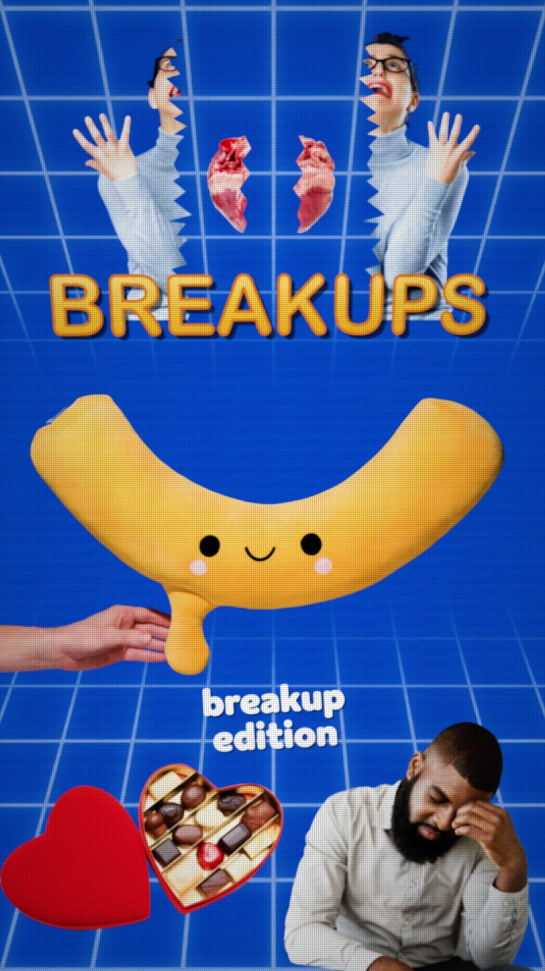 A collage featuring a large smiling cartoon stomach, a smiling emoji face, a heart-shaped box of chocolates, and a man appearing stressed with his hand on his forehead. The background is a blue grid pattern. The words "BREAKUPS" in bold orange and ye