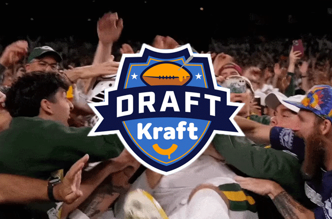 Crowd of football fans celebrating with a large Draft Kraft logo overlay in the center.