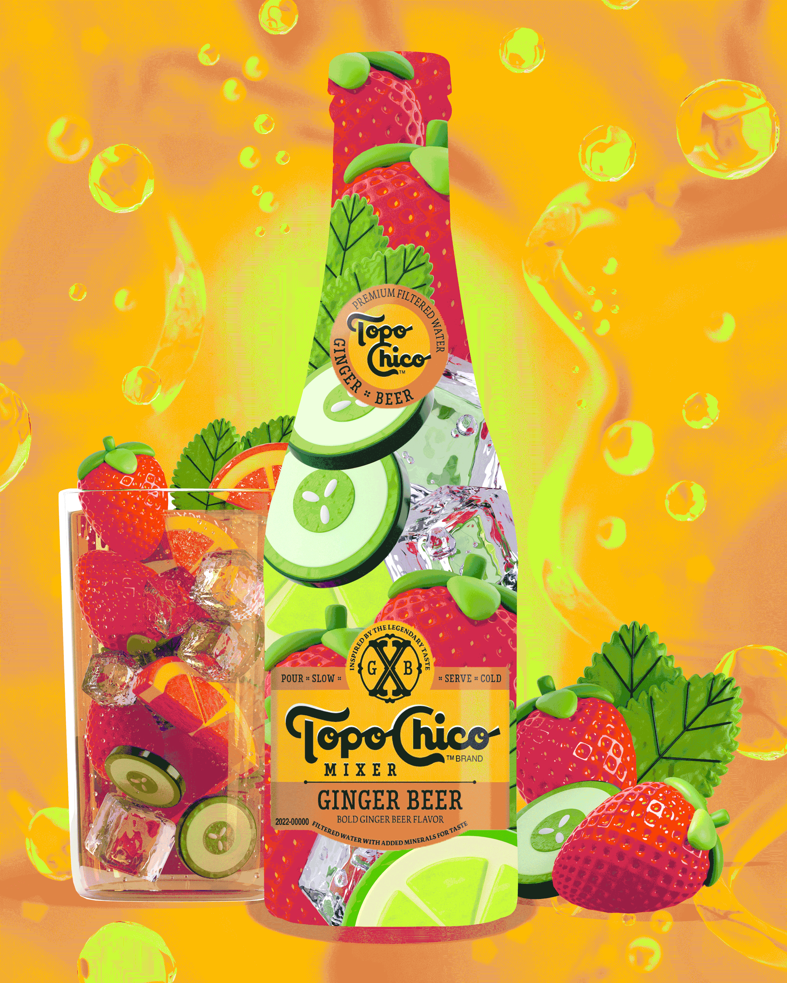 A bottle and glass of Topo Chico Ginger Beer with strawberries, cucumbers, lime slices, and mint leaves, with ice cubes inside the glass, all set against an orange and yellow background with floating bubbles.