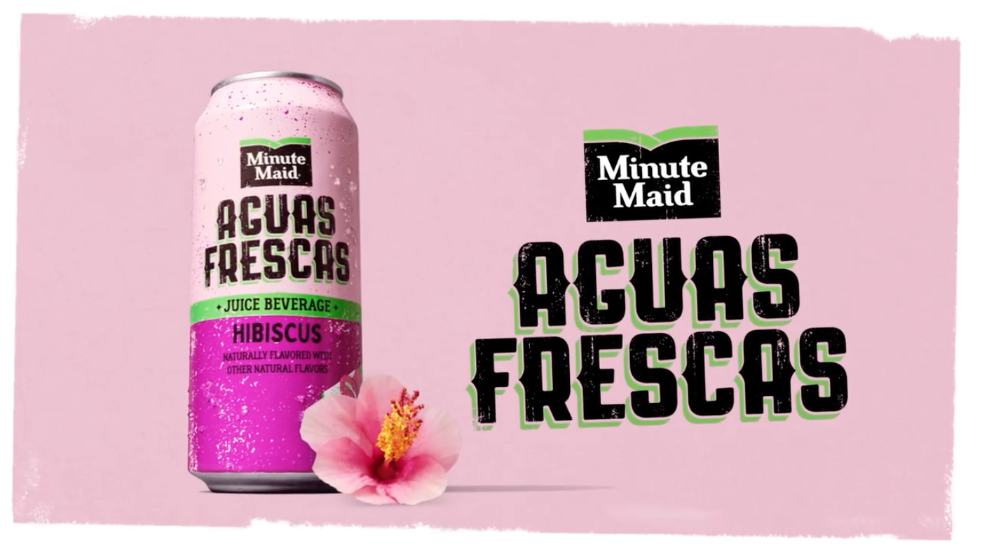 A can of Minute Maid Aguitas Frescas hibiscus flavored juice beverage, pink in color, with a hibiscus flower at the base and the text "Aguitas Frescas" on a pink background.
