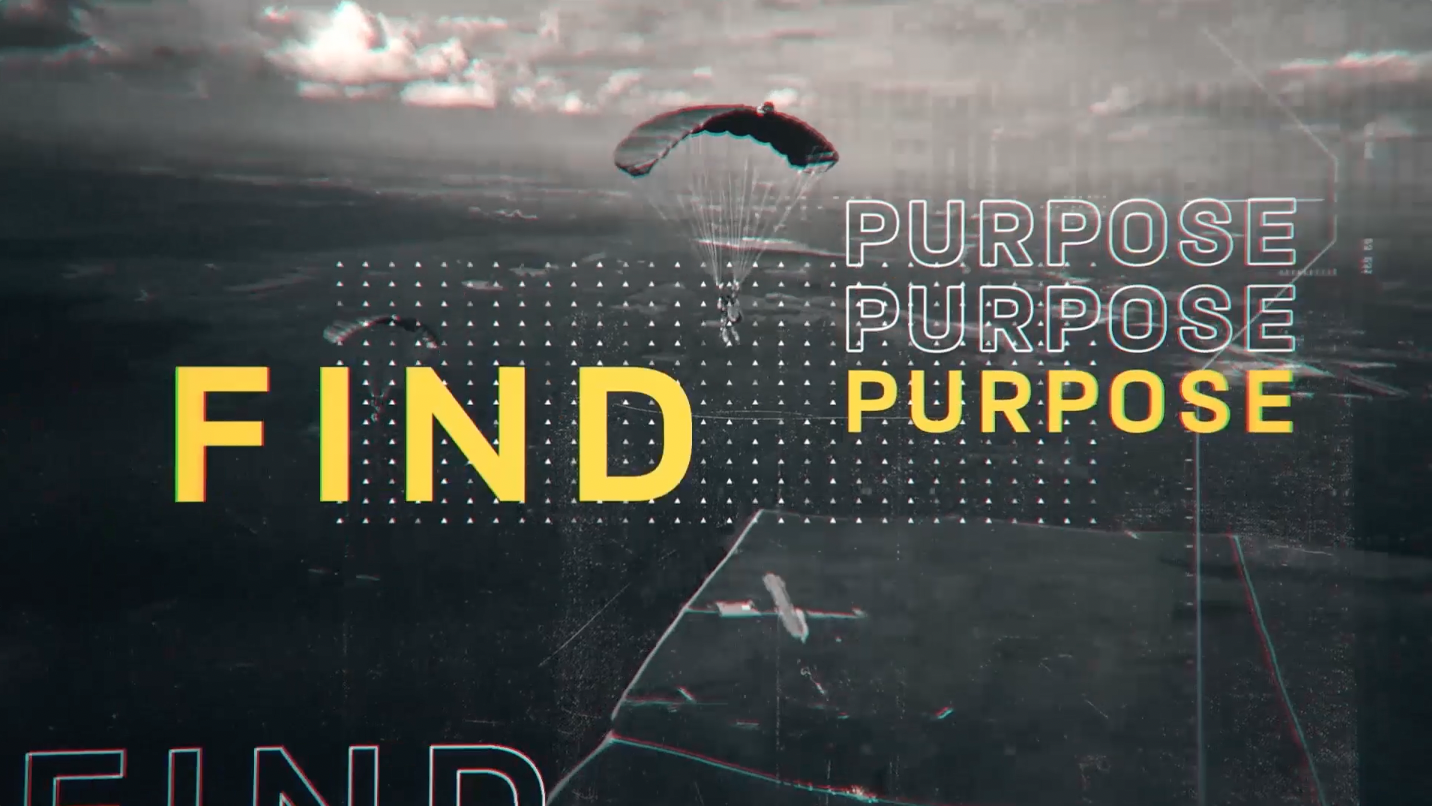 Person parachuting from the sky over a body of water, with the words "FIND PURPOSE" and repeated "PURPOSE" in overlay.