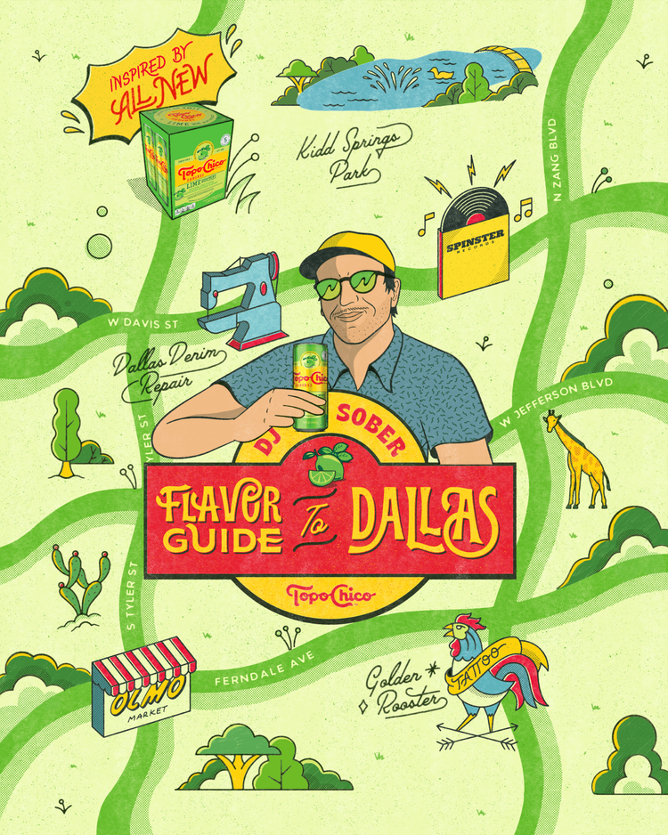 Illustrated map of Dallas, featuring a man holding a can of Topo Chico, surrounded by landmarks like Kidd Springs Park, Trinity River, and shops including OIMO Market, with icons like a giraffe, rooster, and cactus.