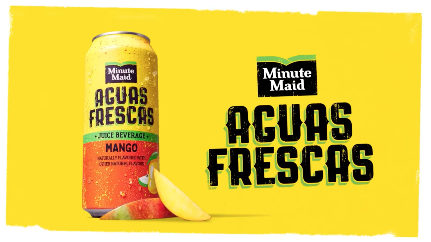 A can of Minute Maid Agua Frescas Mango juice beverage with a mango slice next to it on a yellow background.