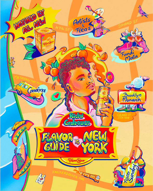 Colorful illustrated map of New York City highlighting various local attractions and foods. A woman with curly hair is in the center, holding a beverage. Landmarks include Brooklyn Monarch, Grand Street Station, and attractions like artists and flea 
