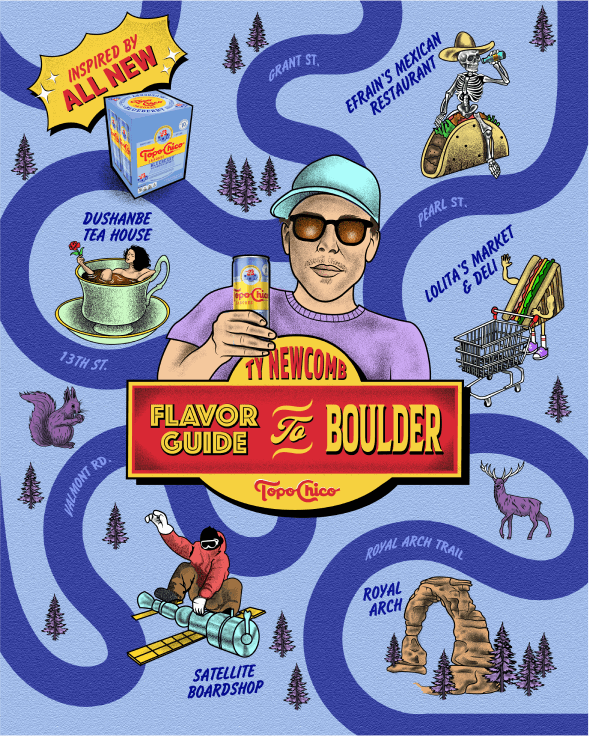 A colorful illustrated map of Boulder, Colorado, featuring landmarks and local scenes. It includes a person in sunglasses and a cap holding a can of Topo Chico sparkling water, a tea house with a woman relaxing in a teacup, and various landmarks such