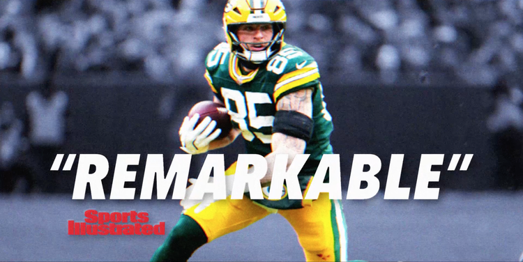An American football player in a green and yellow uniform holding a football, with the word Remarkable in large white letters and Sports Illustrated logo in red.