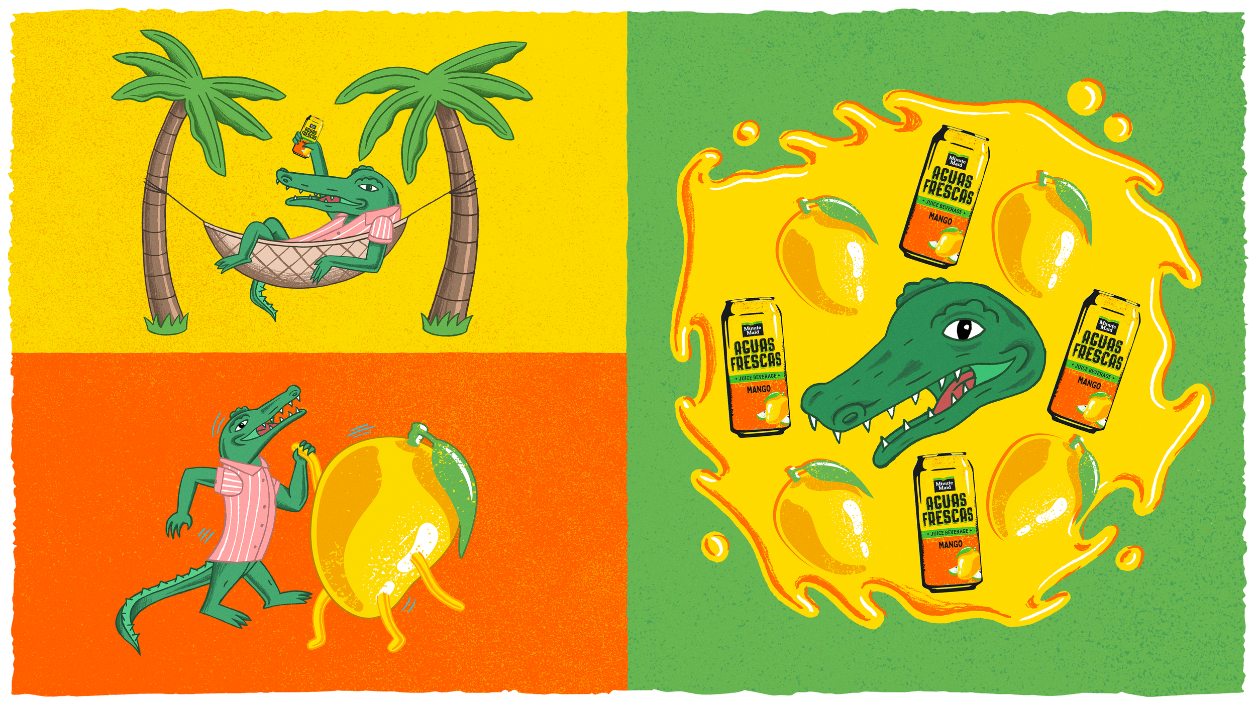 A cartoon illustration of an alligator in three different scenes. In the first scene, the alligator is relaxing in a hammock between two palm trees, holding a can of mango juice. In the second scene, the alligator is standing on a colorful background