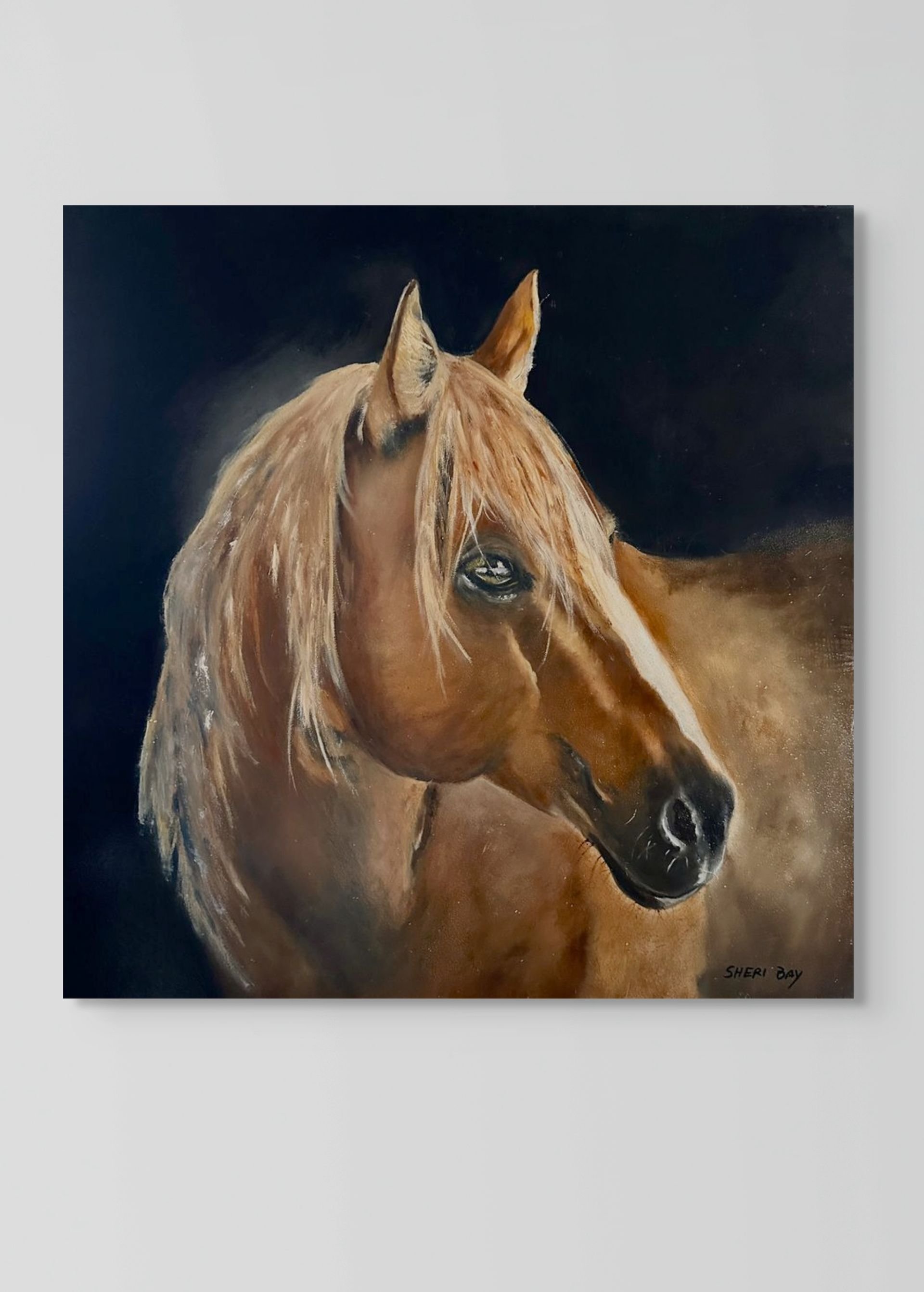 Painting of a brown horse with a flowing mane, facing slightly to the right, against a dark background.