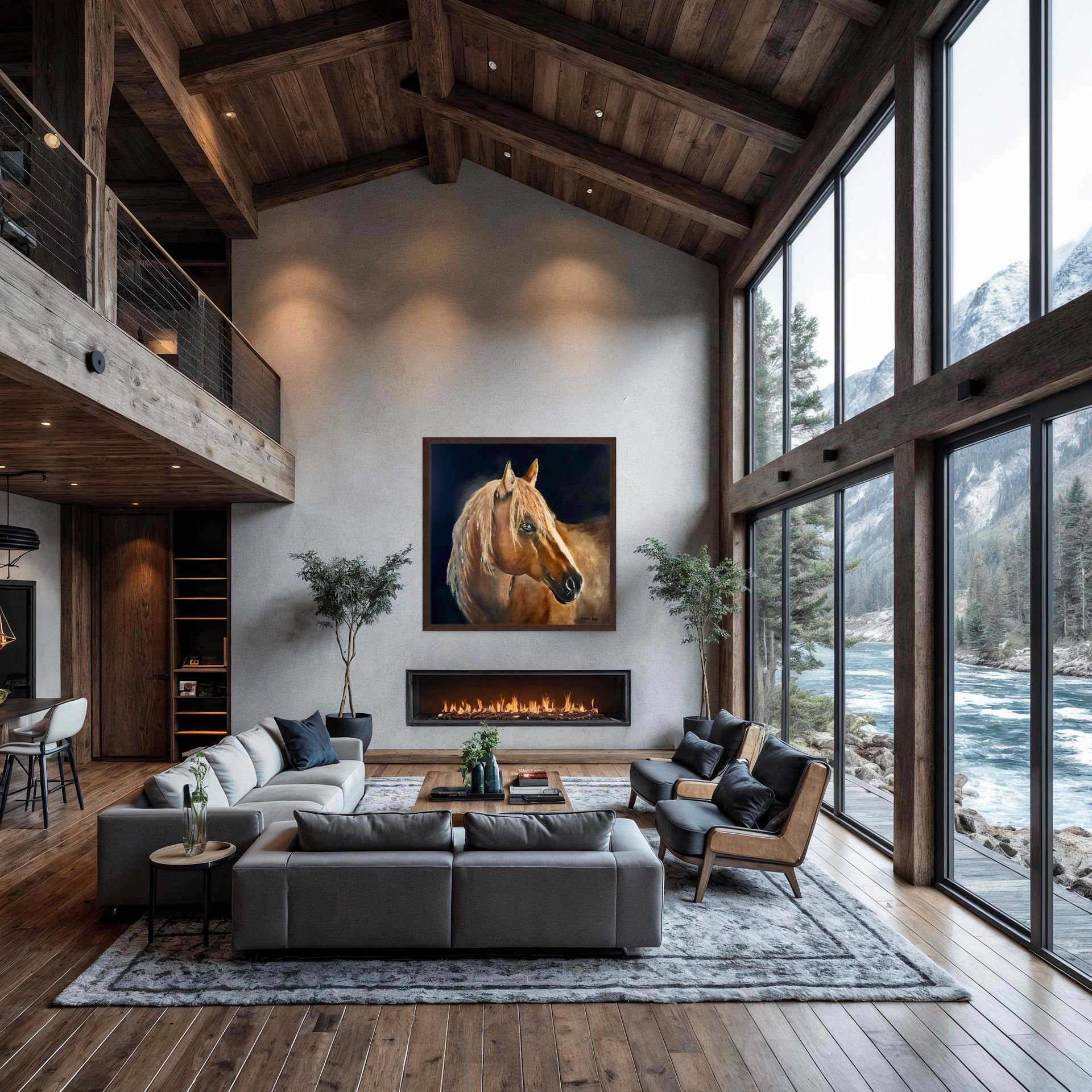 A modern living room with high vaulted wooden ceiling, large floor-to-ceiling windows showing a mountain and river view, a fireplace on the wall, and a horse portrait painting above it. The room has sofas, armchairs, indoor plants, a coffee table, an