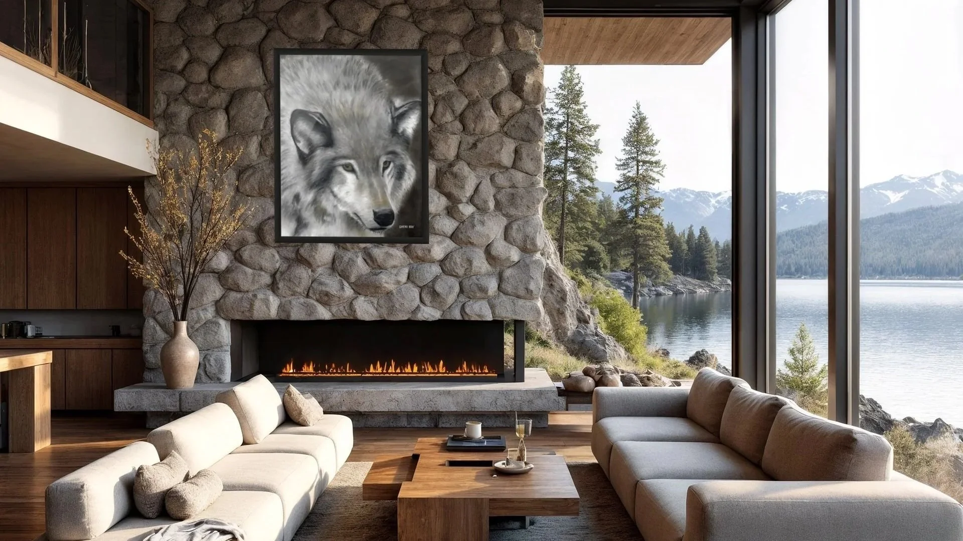 Living room with stone fireplace, river view through large windows, sofa, and mountain landscape outside.