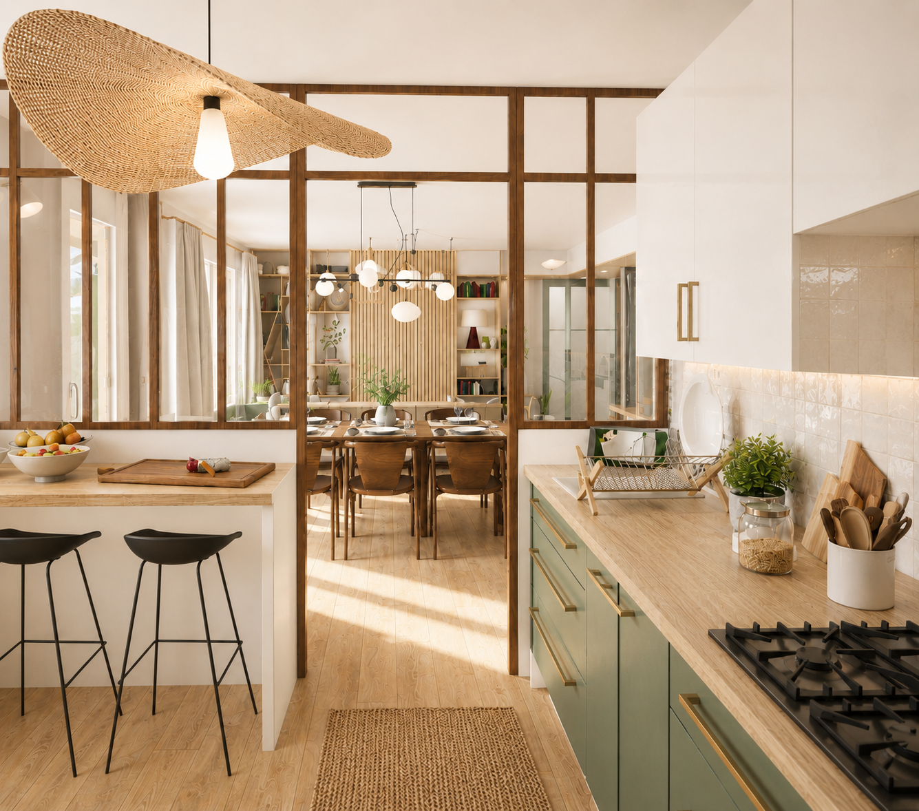Cuisine ouverte sur salle à manger avec meuble vert, plan de travail en bois, enceinte de cuisine, et décoration végétale. Espace lumineux avec fenêtres et luminaire suspendu en paille.