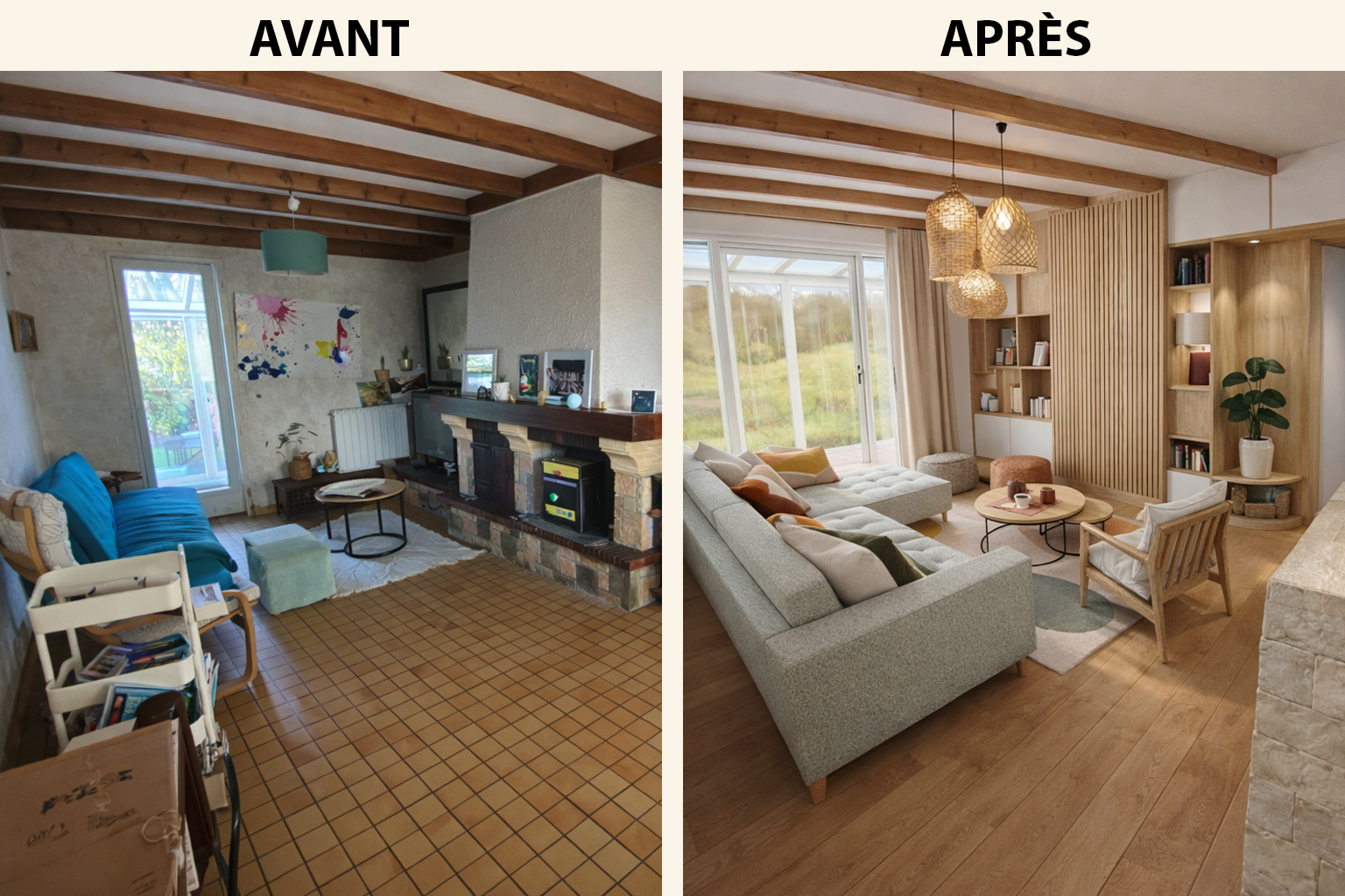 Avant : Salon avec cheminée en pierre, mobilier vintage, murs texturés, sol en carreaux de terre cuite. Après : Salon modernisé avec canapé en L, meubles en bois clair, grande baie vitrée, décor scandinave avec luminaires en rotin, bibliothèque en bois, plantes vertes, sol en parquet.