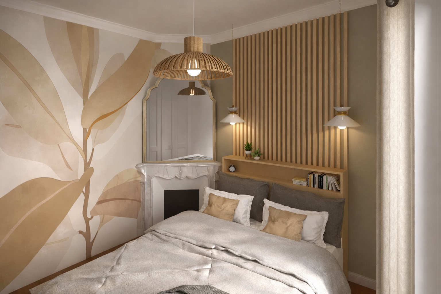 Chambre à coucher avec mur en papier peint à motif de feuilles, sommier avec oreillers, miroir au-dessus de la cheminée en marbre, lampe suspendue en rotin, lampes murales, étagère avec livres et plantes, panneau en bois vertical derrière les lampes.
