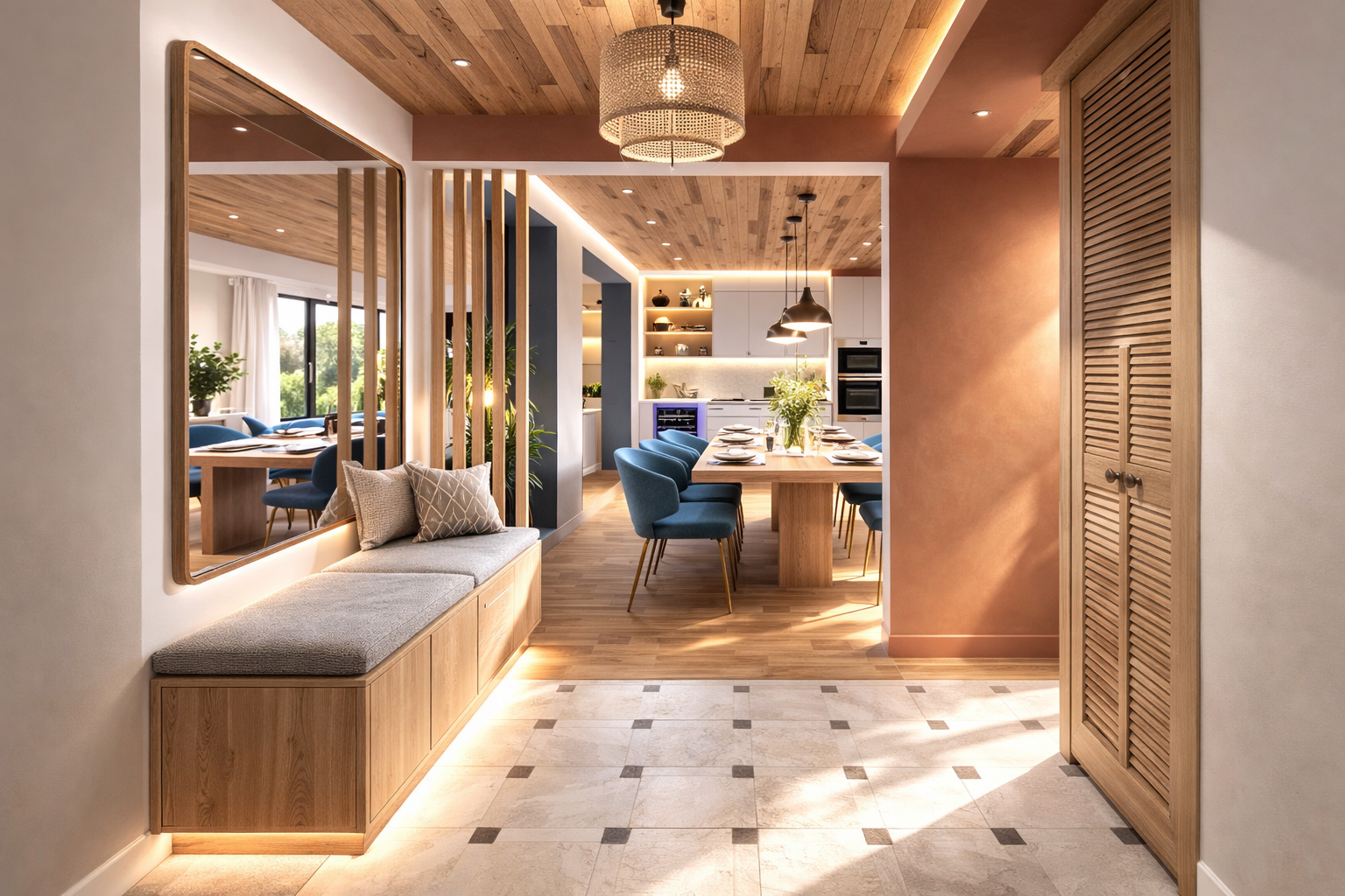 Intérieur d'une maison moderne avec un hall d'entrée, un coin salon avec un banc en bois et des coussins, une cuisine ouverte avec une table à manger, chaises bleues, et une décoration chaleureuse en bois avec des éclairages intégrés.