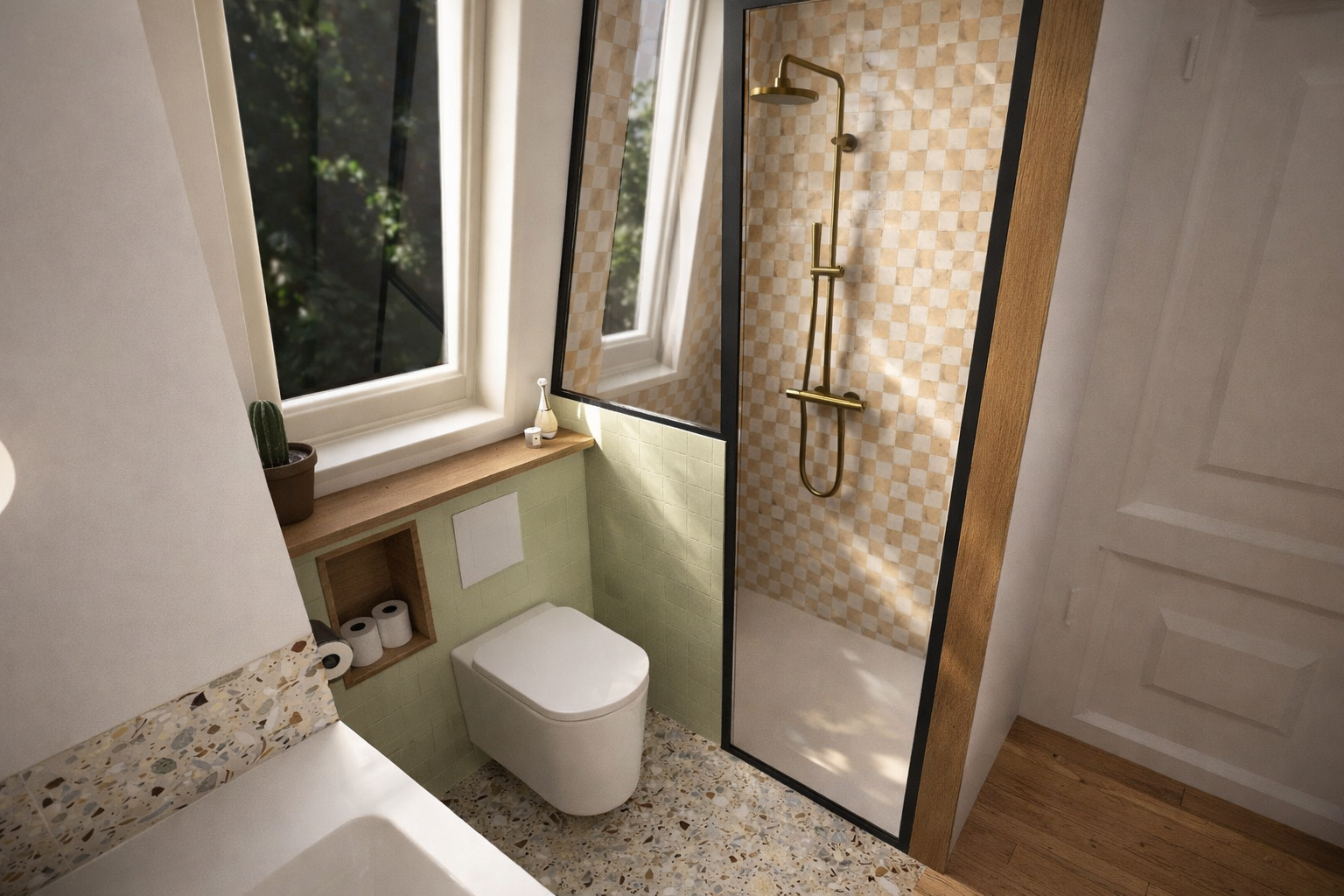 Petite salle de bain lumineuse avec une fenêtre, une toilette suspendue, un lavabo avec un comptoir en bois, un mur en tuiles motif checkered beige dans la douche, un sol en terrazzo, et une paroi de douche en verre avec cadre noir.