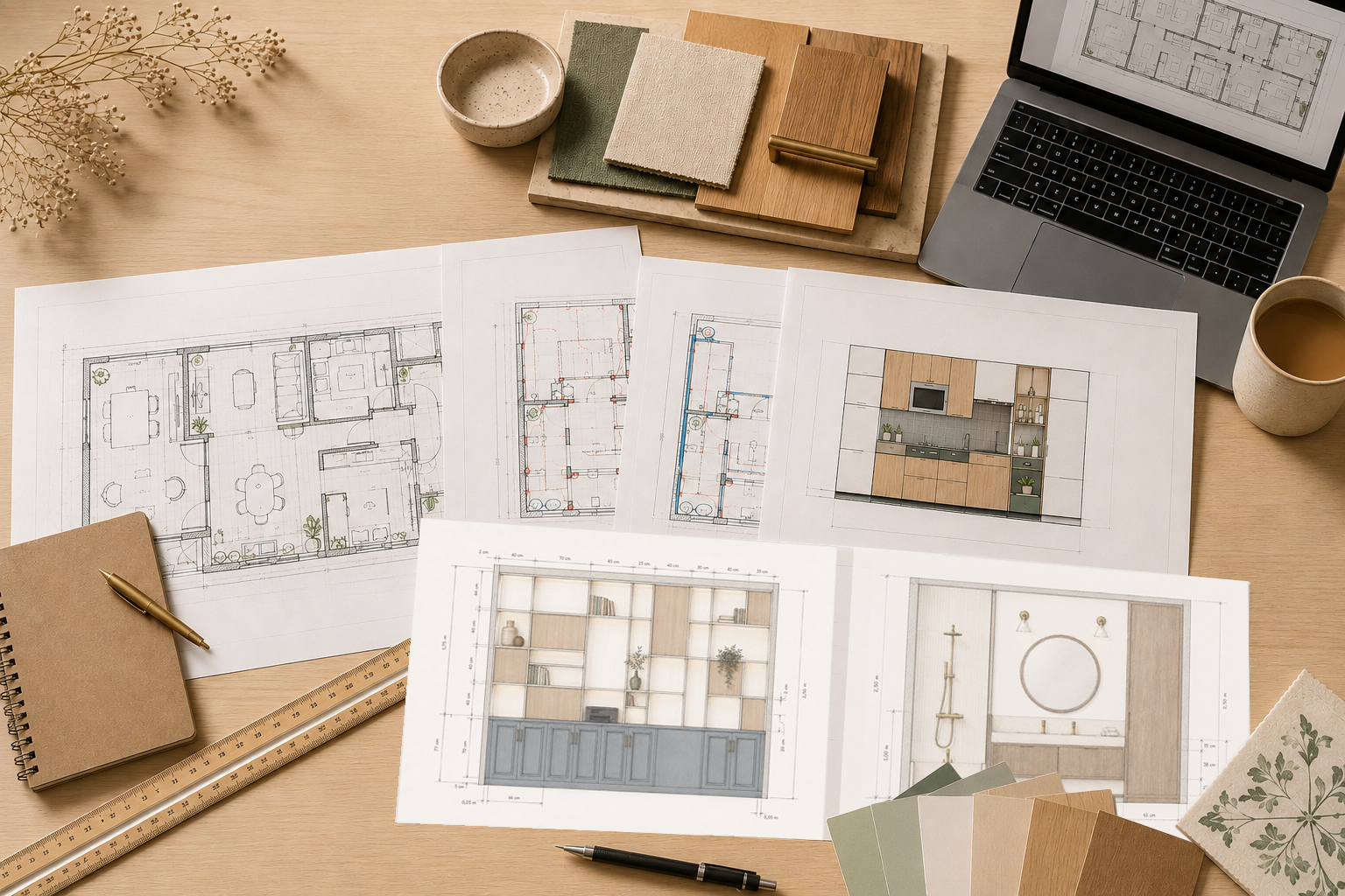 Plan architectural, échantillons de matériaux et ordinateur portable sur un bureau