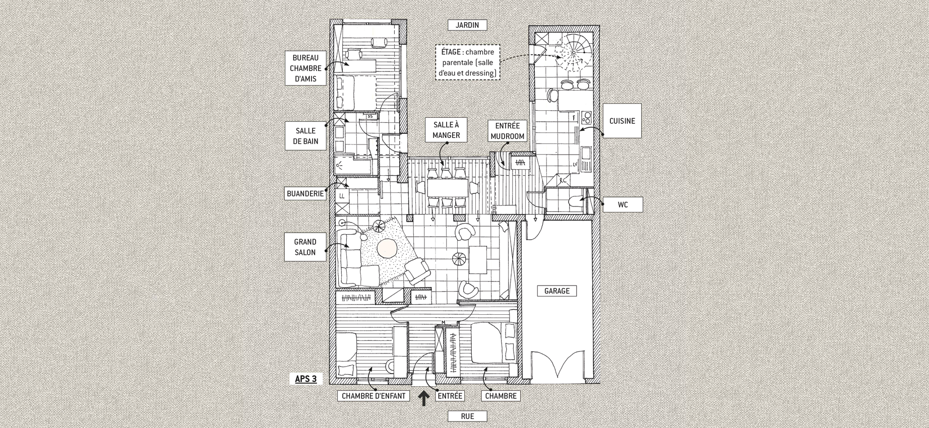 Plan architectural d'une maison indiquant différentes pièces comme le salon, la cuisine, la chambre d'enfant, et d'autres espaces, avec des labels en français.