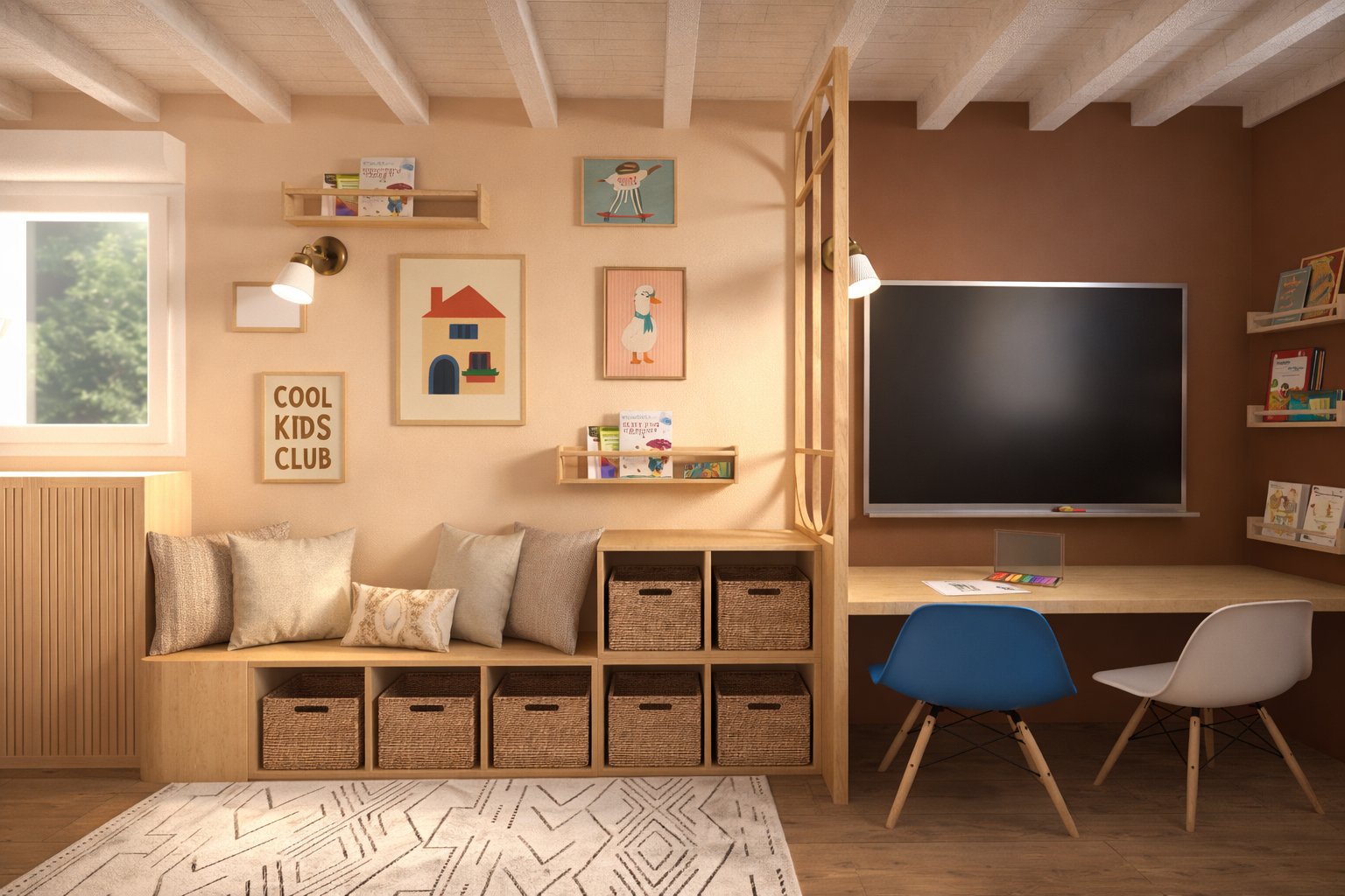 Une salle de jeu pour enfants avec un canapé en bois, plusieurs coussins, étagères avec des livres et des décorations, un tableau noir, deux chaises (bleu et gris), et des étagères remplies de livres, dans un intérieur lumineux