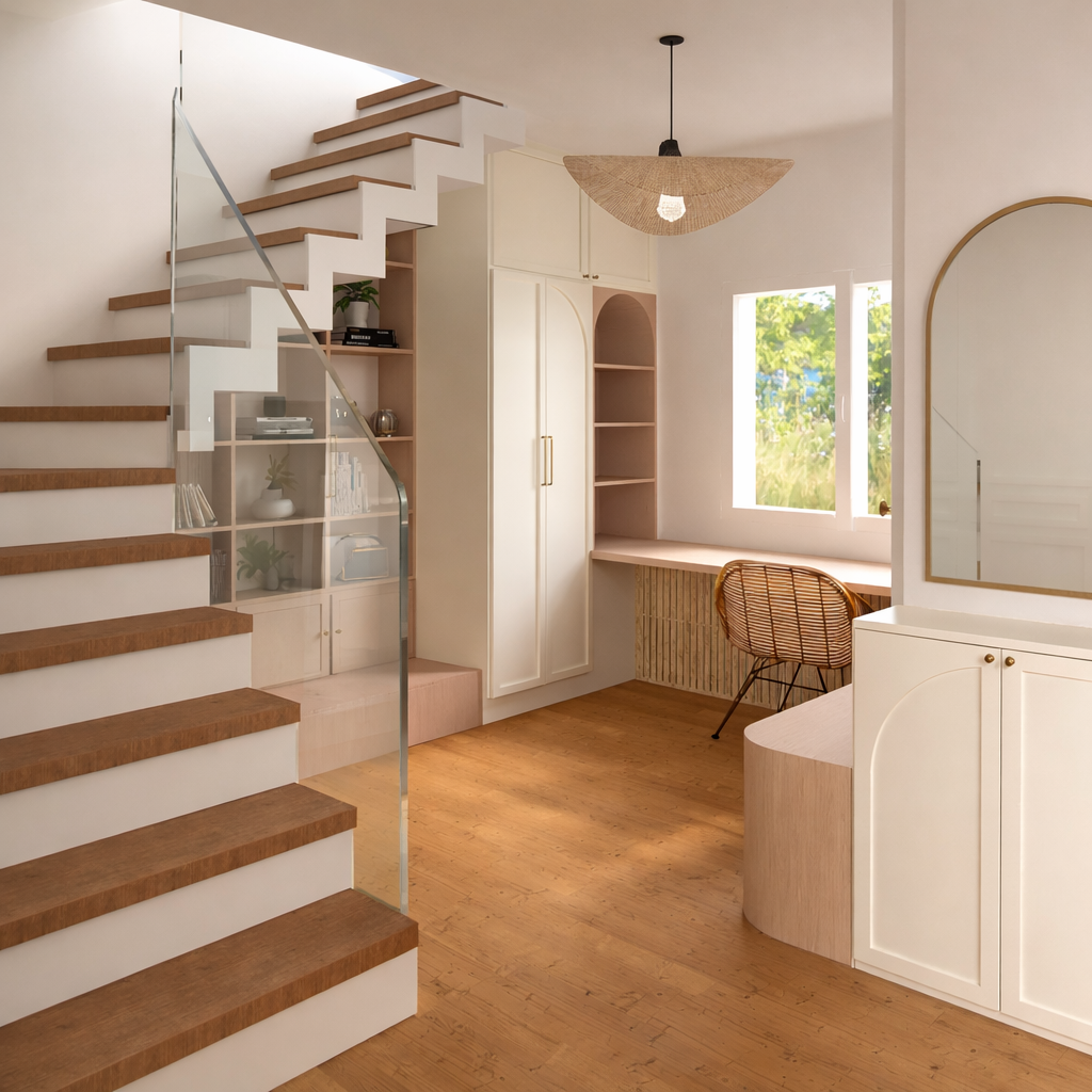 Intérieur d'une pièce lumineuse avec un escalier en bois blanc, un bureau avec une chaise en rotin, une armoire blanche, une fenêtre laissant entrer la lumière, et une décoration minimaliste.