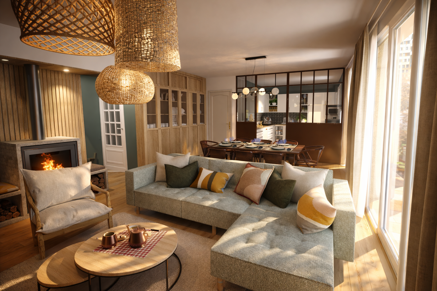 Salon lumineux avec canapé gris, décoration conviviale, cheminée allumée, table basse avec tasses, grande baie vitrée, cuisine ouverte en arrière-plan, éclairage moderne