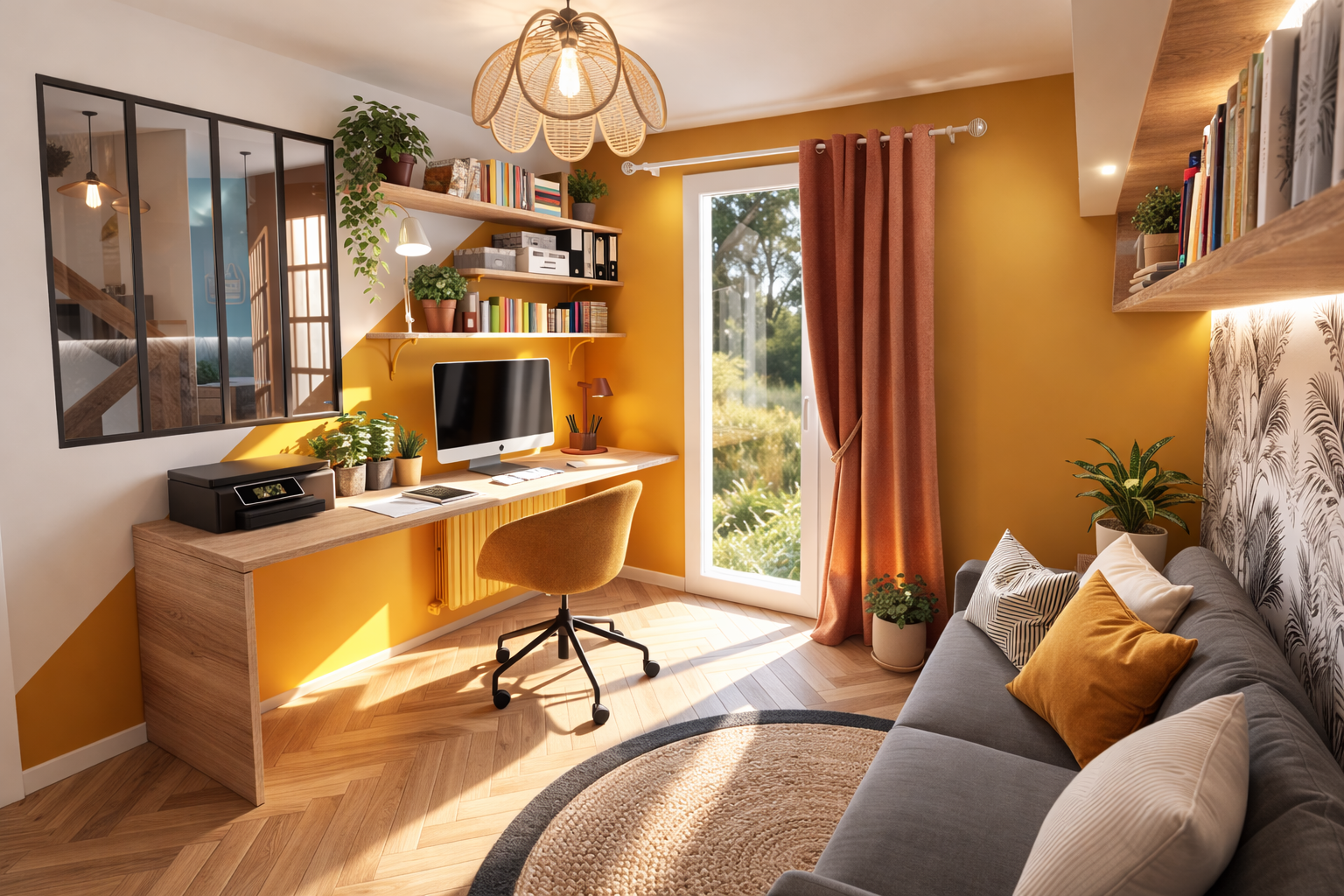 Un bureau lumineux avec un mur jaune, un bureau en bois avec un ordinateur, une chaise orange, une lampe de bureau, plusieurs plantes, une étagère avec des livres, un canapé gris avec des coussins, une fenêtre avec des rideaux enroulés, et un miroir en verre noir.
