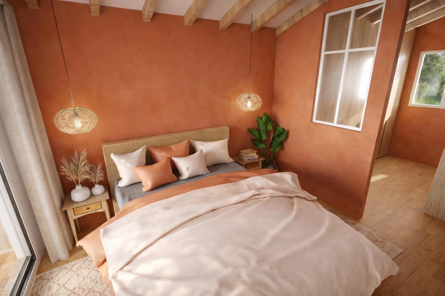 Chambre avec lit double, voilage blanc, murs orange, deux lampes suspendues en rotin, une table de nuit en bois avec des livres, une grande plante verte, fenêtre avec vue extérieure, sol en bois.