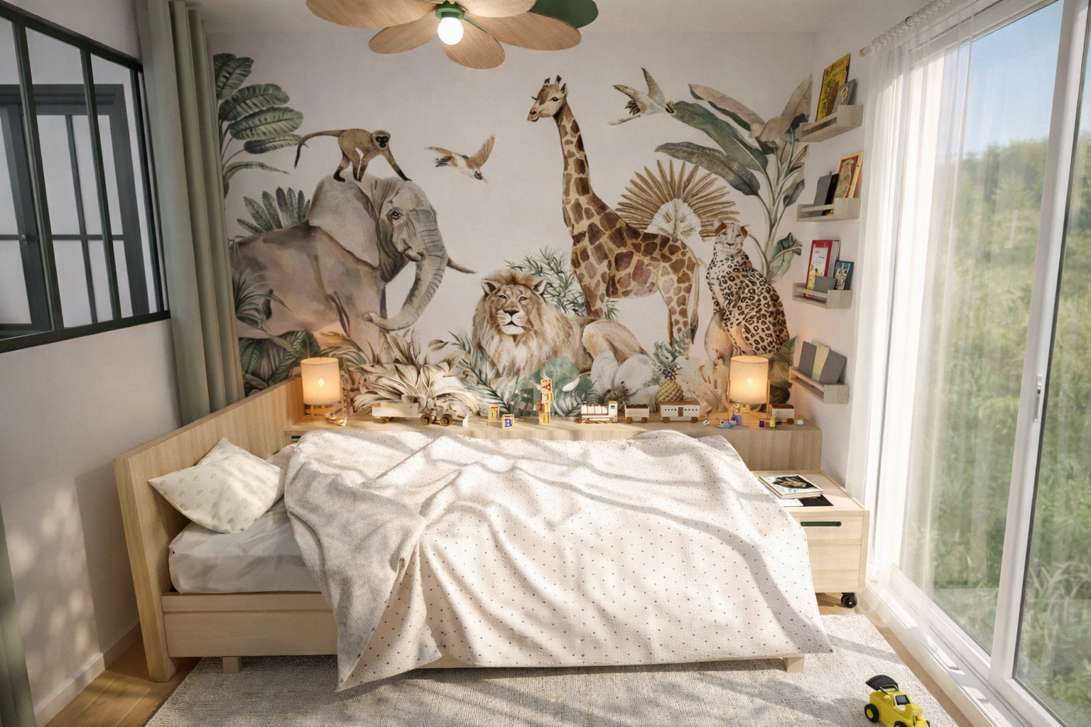 Chambre avec une grande fresque murale représentant des animaux sauvages, dont un éléphant, une girafe, un lion, un léopard, un singe et des oiseaux, dans un décor jungle, avec un lit en bois, deux lampes de chevet, des étagères avec des livres et des jouets, et une grande fenêtre avec rideaux transparents.