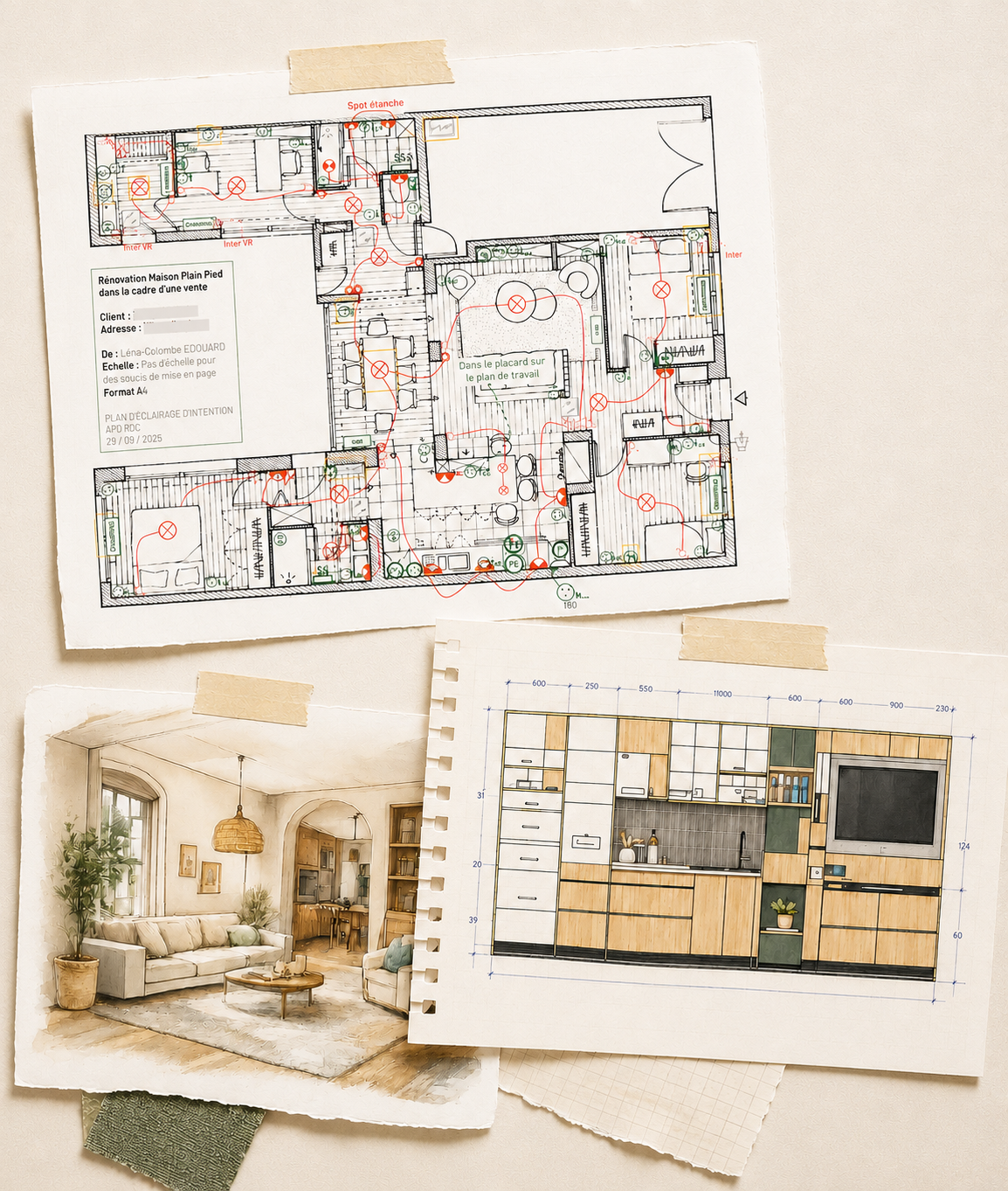 Un plan architectural d'une maison, une photo d'un salon intérieur, et un dessin de cuisine avec dimensions.