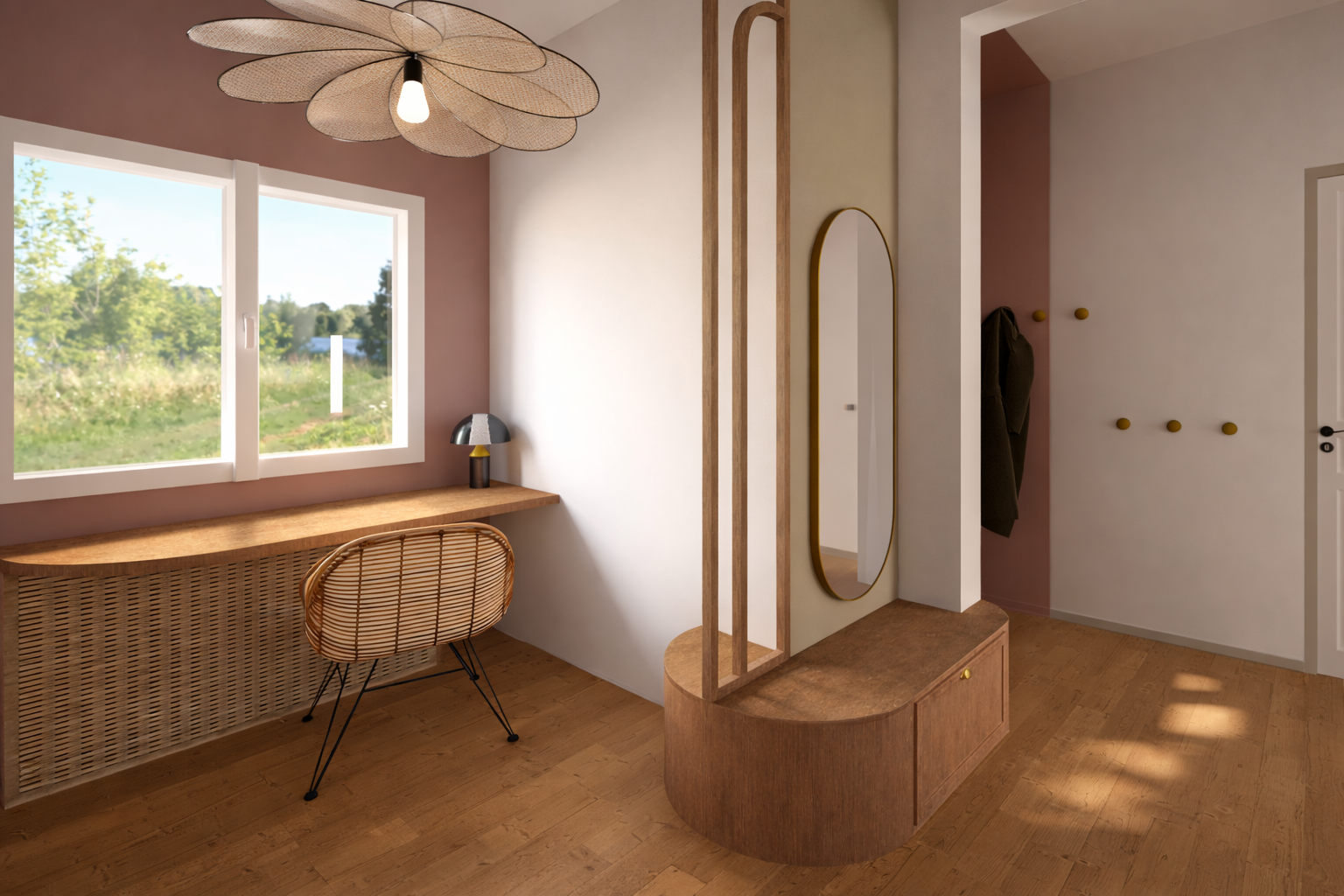 Intérieur d'une pièce moderne avec un bureau en bois, une chaise en rotin, un miroir ovale, une lampe de bureau et une décoration minimaliste, vue près d'une fenêtre avec un extérieur vert.