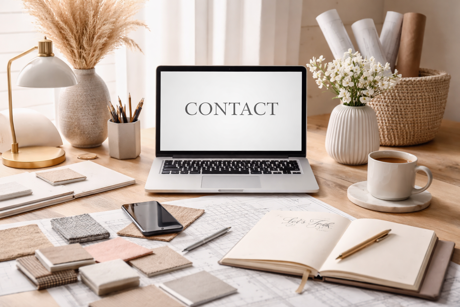 Espace de travail avec un ordinateur portable affichant le mot 'CONTACT' sur l'écran, entouré de matériel de design, un carnet ouvert, une tasse de café, des échantillons de tissus, un téléphone, des planches de projets, des plantes et des fournitures de bureau dans un décor bien éclairé et esthétiquement organisé.