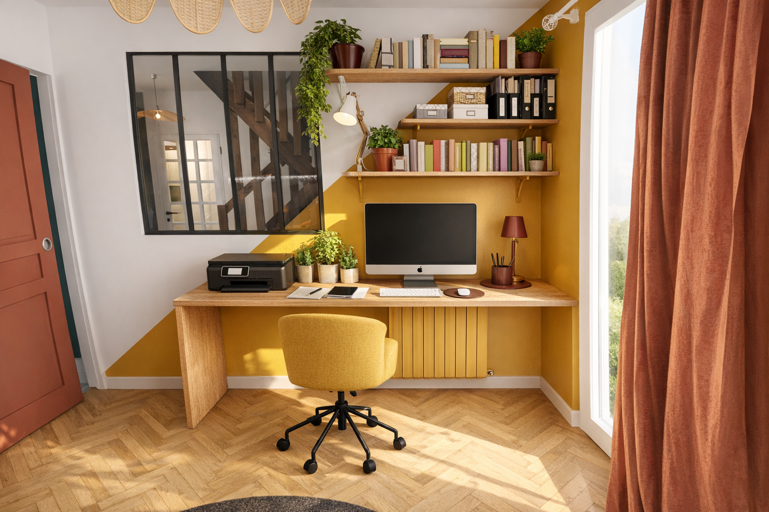 Un bureau avec un ordinateur, une lampe, un fauteuil jaune, des étagères avec des livres, des plantes, et une fenêtre avec des rideaux orange, décor d'intérieur moderne