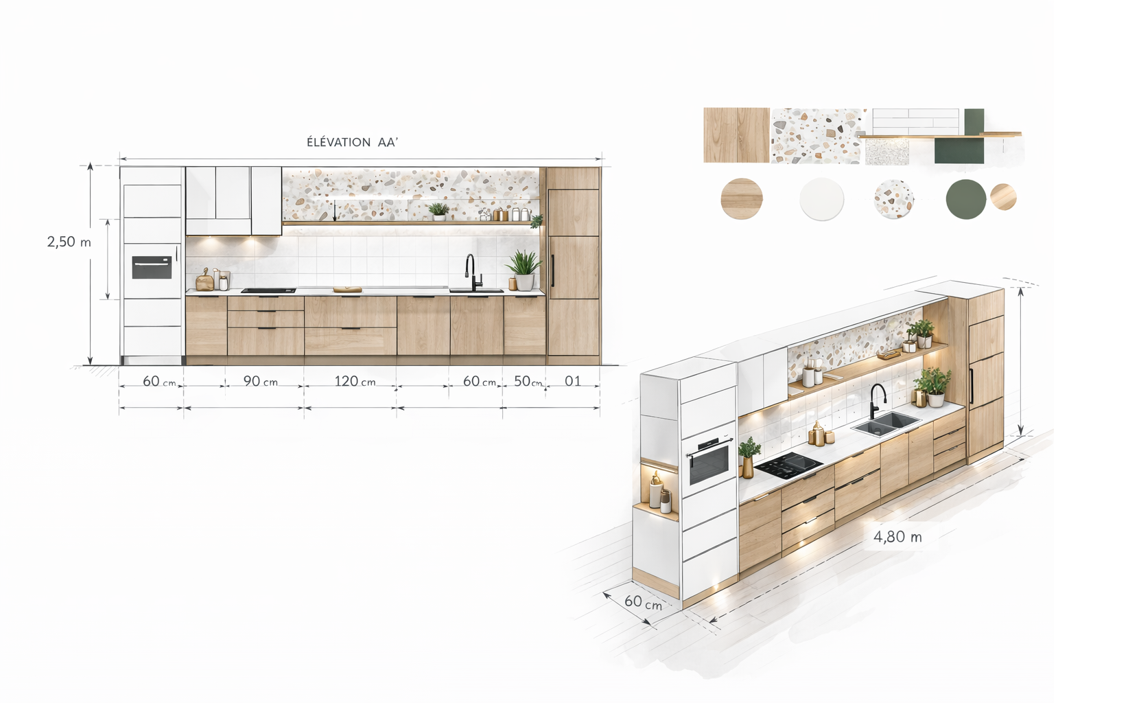 Plan d'une cuisine moderne avec dimensions, matériaux et couleurs indiqués, incluant des éléments de décoration et des projections 3D