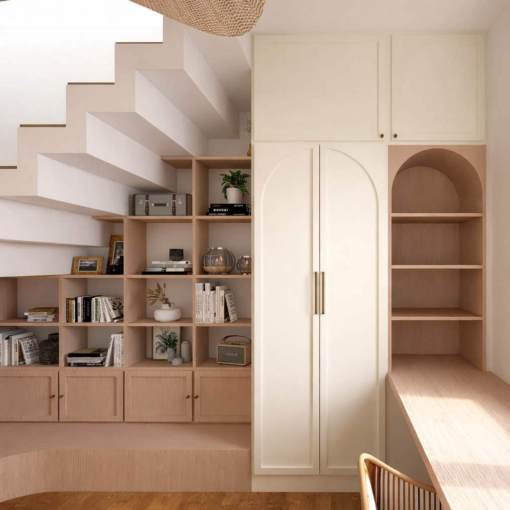 Une bibliothèque intégrée avec des étagères en bois clair, une armoire blanche avec des portes arrondies, un bureau en bois, et des escaliers blancs en arrière-plan, décor moderne et minimaliste.