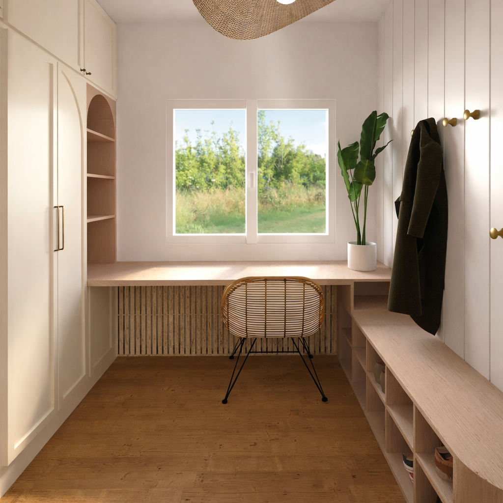 Un bureau minimaliste avec un bureau en bois clair, une chaise en rotin, un placard blanc et une plante verte. Il y a une fenêtre qui laisse entrer de la lumière naturelle.