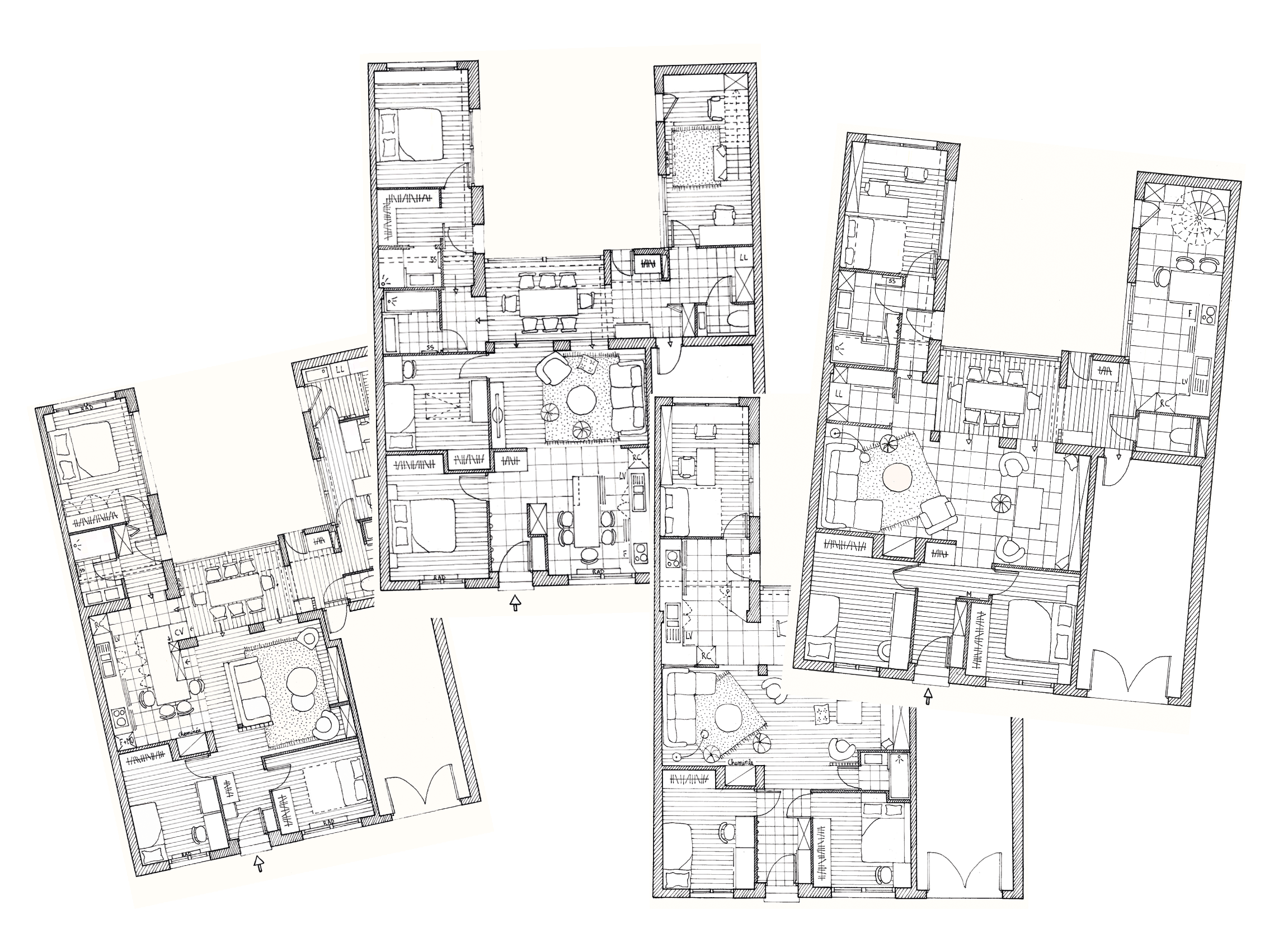 Plan architectural détaillé de plusieurs appartements résidentiels, montrant les dispositions intérieures, les meubles, et les entrées.