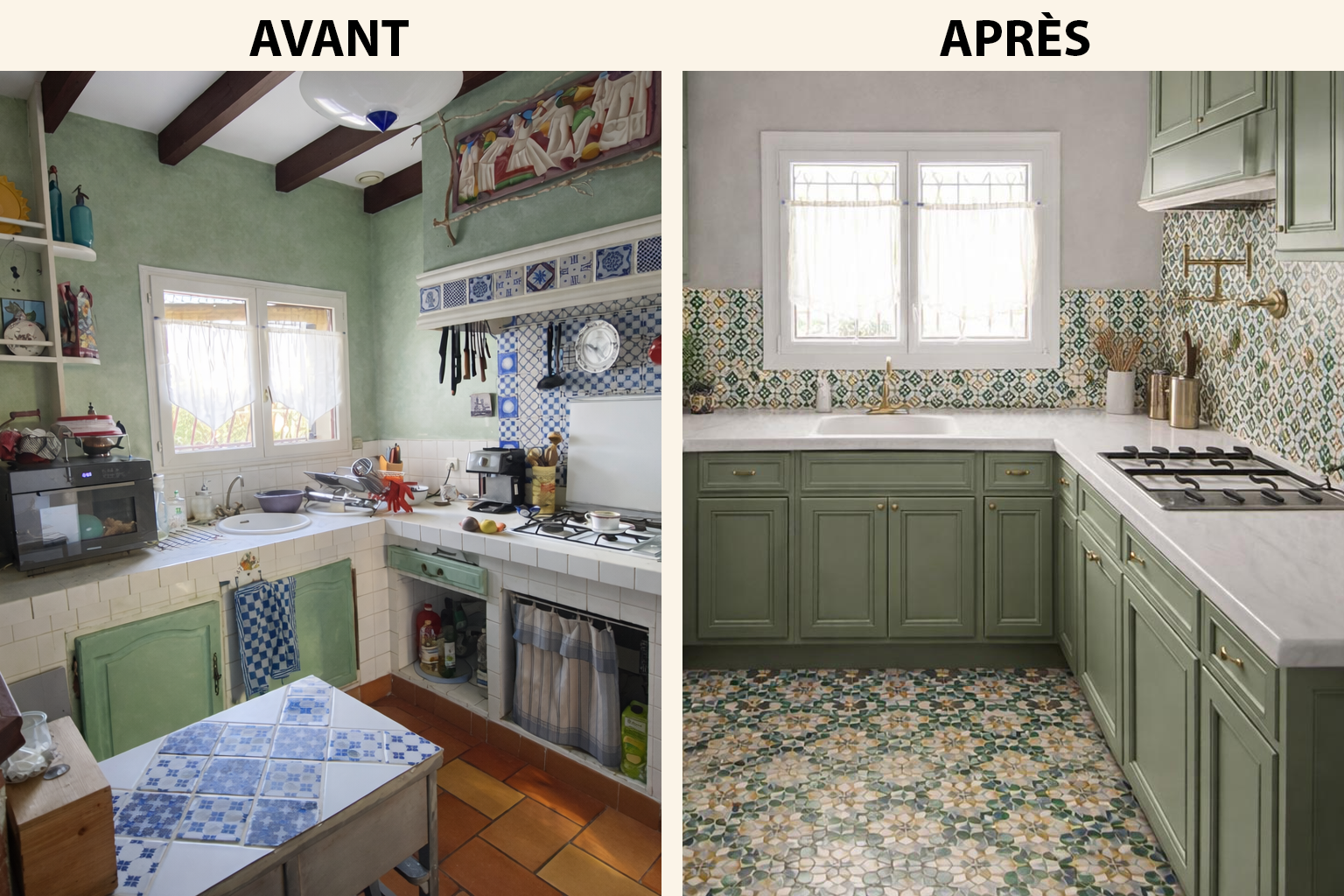 Avant : Cuisine avec murs verts, vaisselle, ustensiles, étagères, sol en terre cuite, et un plafond avec poutres en bois. Après : Cuisine rénovée avec murs clairs, armoires vertes, comptoir en marbre, fenêtre avec voilage, et sol en mosaïque colorée.