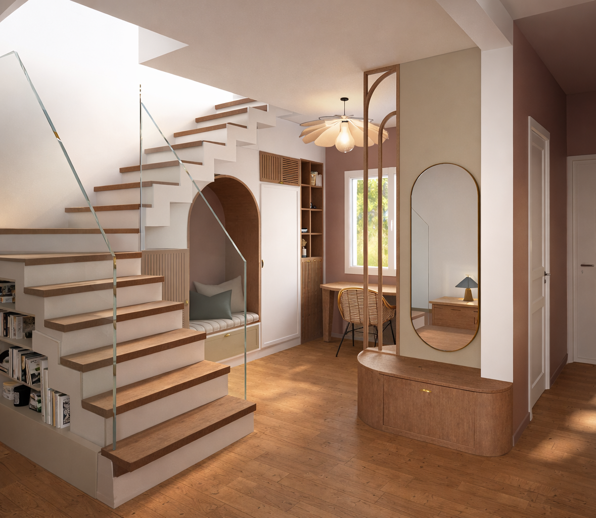 Intérieur moderne avec escalier en bois, bibliothèque intégrée, coin lecture ou détente, bureau avec chaise en rotin, grand miroir, luminaires design, sol en bois.