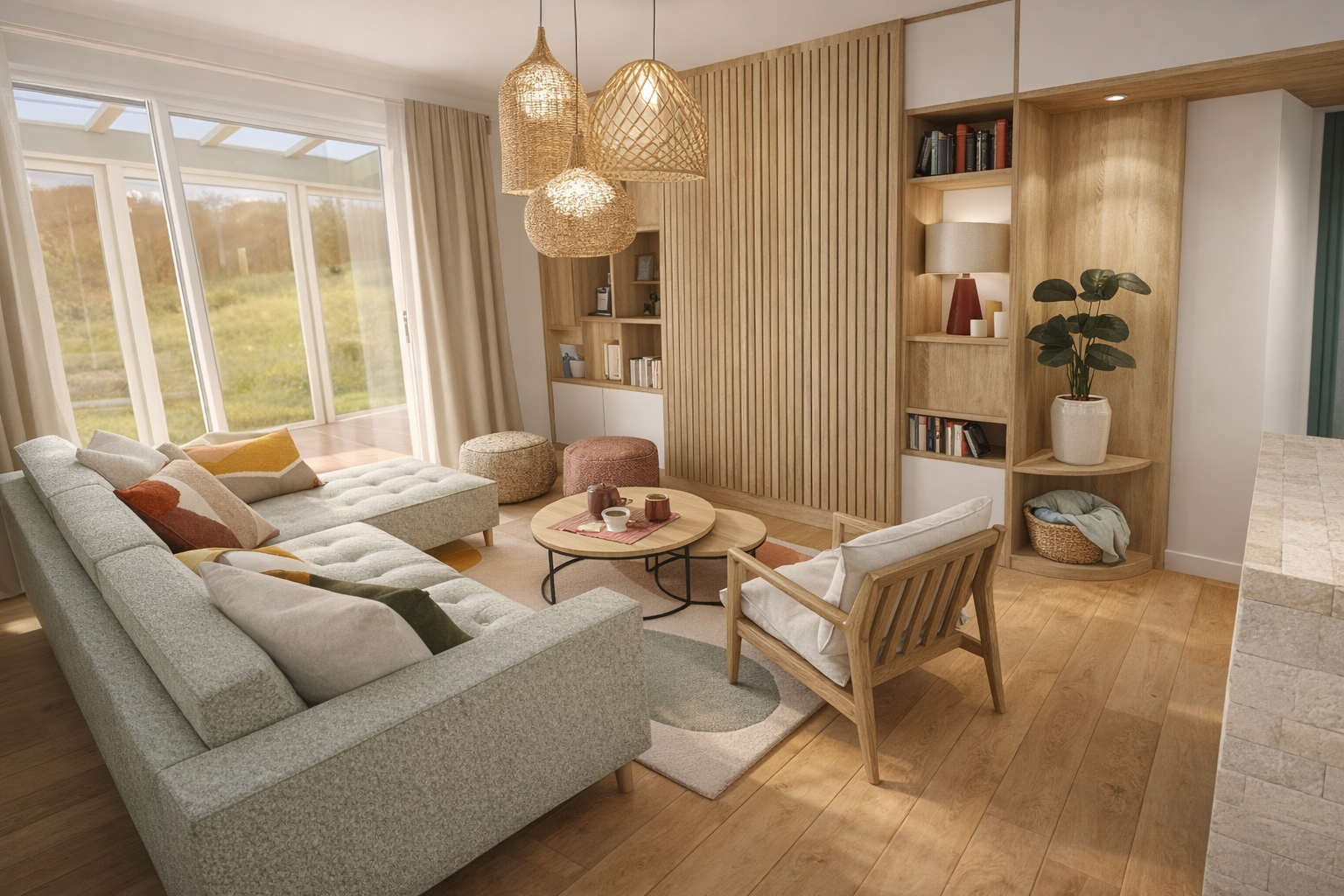 Salon moderne avec canapé gris, fauteuil en bois, étagères en bois, lampes en rotin suspendues, grande fenêtre avec vue sur l'extérieur, décor chaleureux avec livres, tapis, plantes et objets décoratifs.