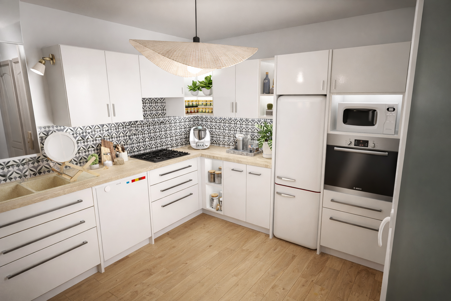 Cuisine moderne avec comptoir en bois clair, armoires blanches, dosseret en carreaux noirs et blancs, appareils électroménagers intégrés, plantes décoratives et éclairage suspendu.