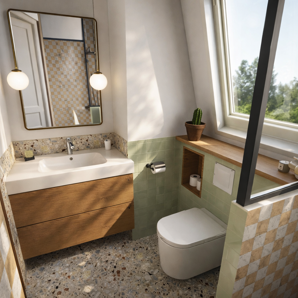 Une salle de bain moderne avec un lavabo en bois, un miroir rectangulaire, une petite plante en pot sur le rebord de fenêtre, un WC suspendu, et un miroir rond avec deux lampes suspendues. La pièce est bien éclairée par une grande fenêtre laissant entrer la lumière naturelle.
