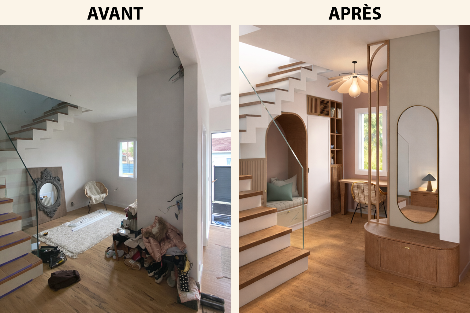 Transformation intérieure d'une pièce avec un escalier, montrant le avant désordonné et le après organisé avec décoration moderne.